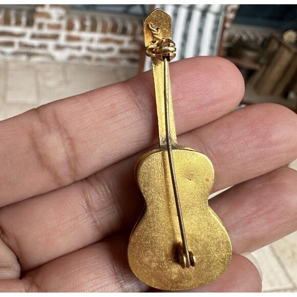 VTG Damascene Spain Guitar Brooch Pin 2" Gold Tone Green‎ White Ornate Music - Picture 5 of 8